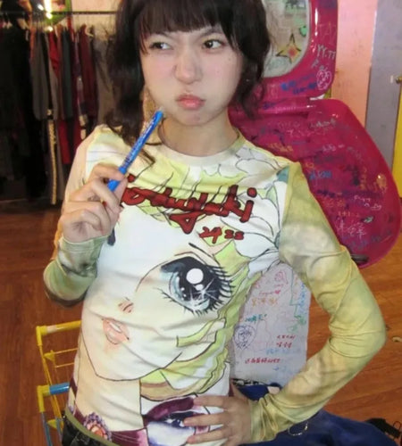 Japanese Grunge Fairy Cartoon Print Harajuku Tops T-shirt Women Streetwear Kawaii Cropped TshirtsY2k Aesthetic Vintage Cute Tees