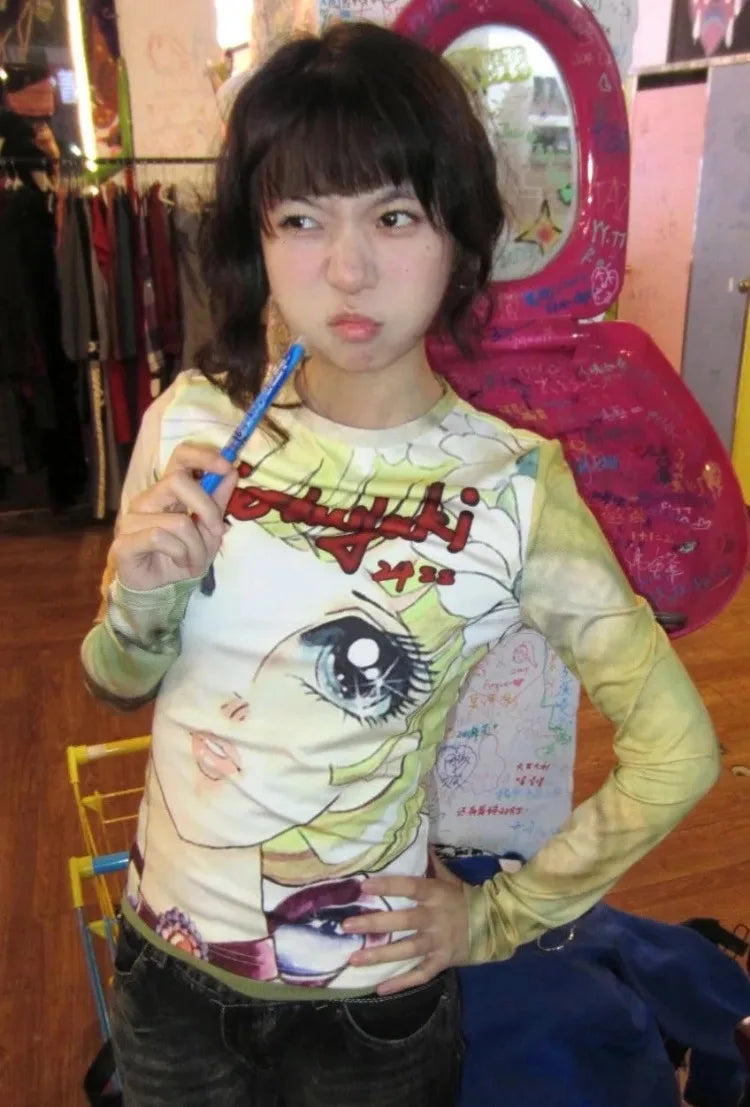 Japanese Grunge Fairy Cartoon Print Harajuku Tops T-shirt Women Streetwear Kawaii Cropped TshirtsY2k Aesthetic Vintage Cute Tees