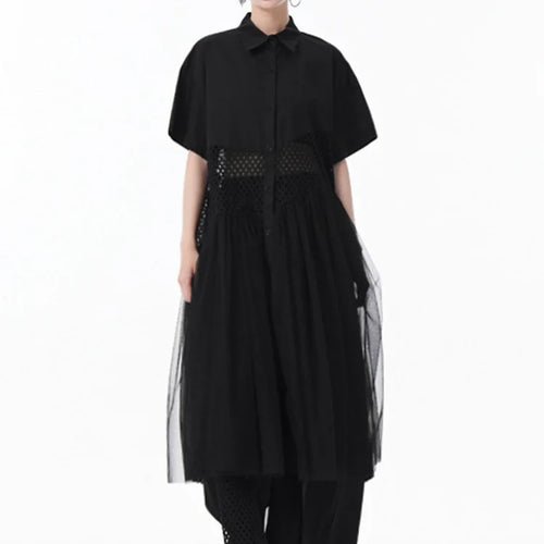 Load image into Gallery viewer, Women White Mesh Color-block Big Size Midi Shirt Dress New Lapel Short Sleeve Fashion Tide Spring Summer 2025 1DJ0045
