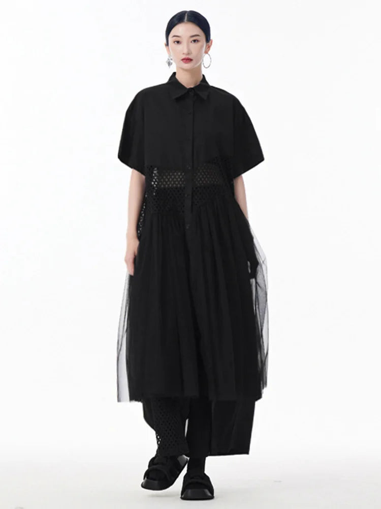 Women White Mesh Color-block Big Size Midi Shirt Dress New Lapel Short Sleeve Fashion Tide Spring Summer 2025 1DJ0045