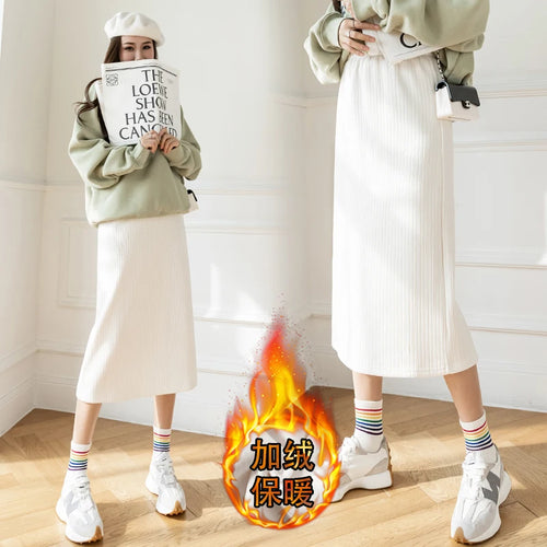 Load image into Gallery viewer, Korean Fashion Black White Elegant Office Thick Skirt Women Autumn Winter Brown Slim High Waist Velvet Knitted Long Skirts Trend
