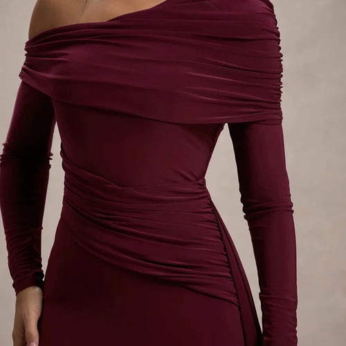 Load image into Gallery viewer, Skew Collar Long Sleeve Sexy Maxi Dress For Women Gown Fashion Backless Draped Ruched Bodycon Club Long Dress Elegant
