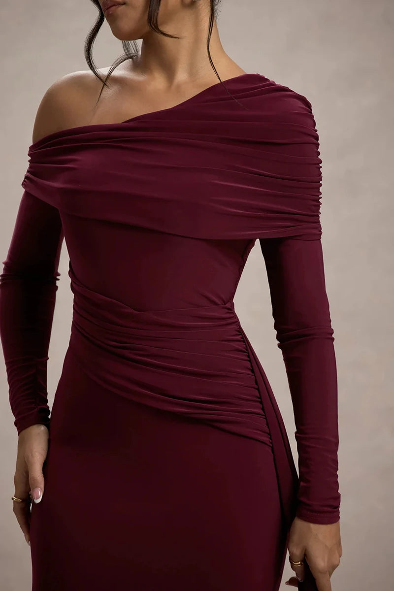 Skew Collar Long Sleeve Sexy Maxi Dress For Women Gown Fashion Backless Draped Ruched Bodycon Club Long Dress Elegant