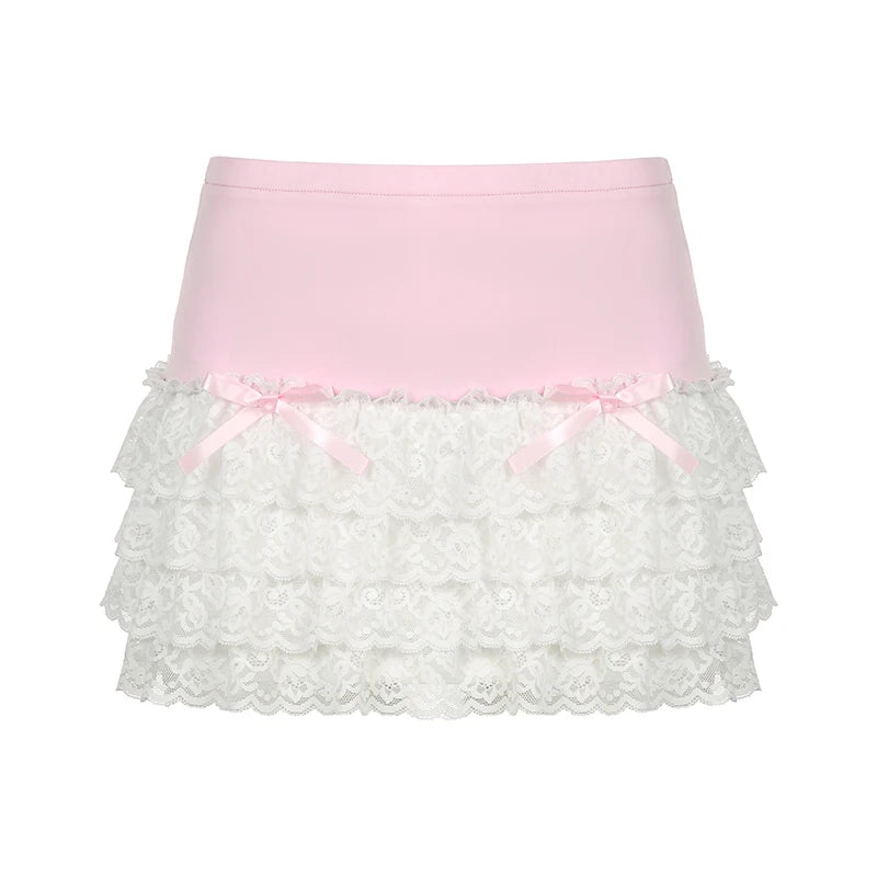 Hotsweet Korean Bow Mini Skirt Lace Patchwork Ruched Cute Coquette Summer Skirts for Women Cutecore Lolita Contrast