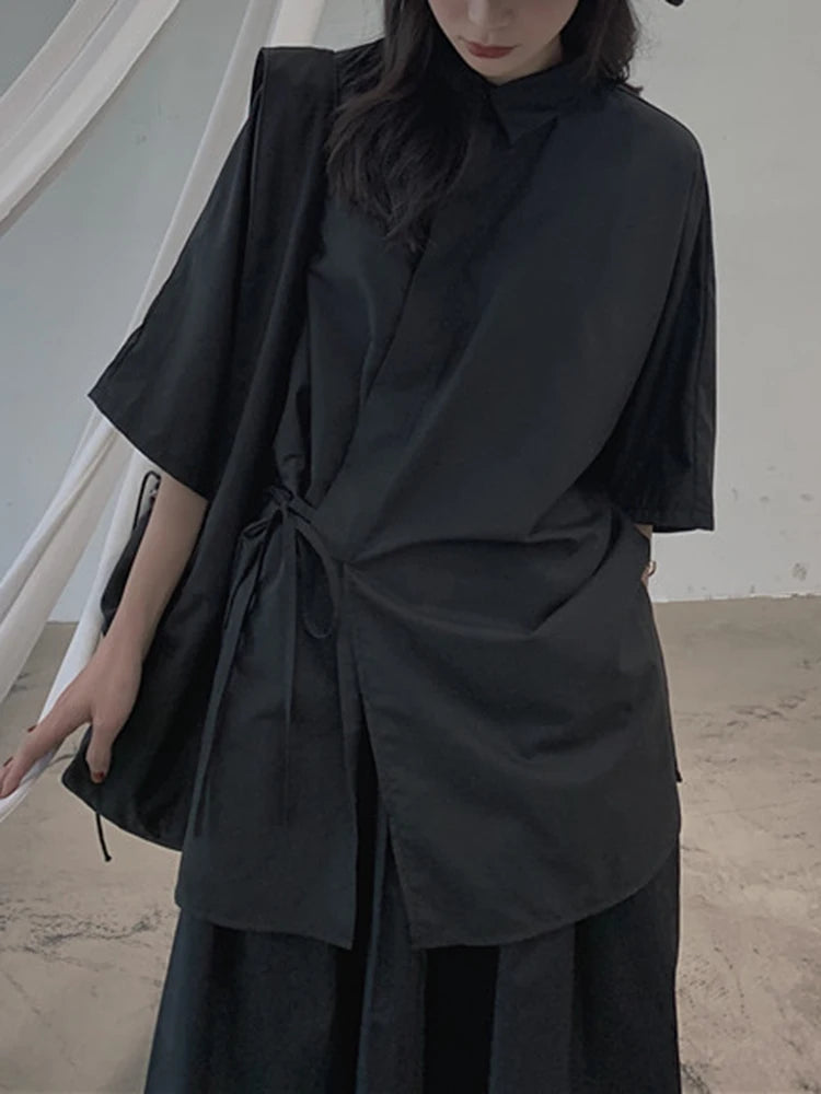 Women White Bandage Big Size Elegant Blouse New Lapel Three-quarter Sleeve Shirt Fashion Tide Spring Autumn 2025 1DJ1666