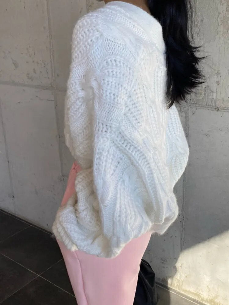 Knitting White Sweater For Women V Neck Long Sleeve Solid Minimalist Single Breasted Cardigan Female Clothing