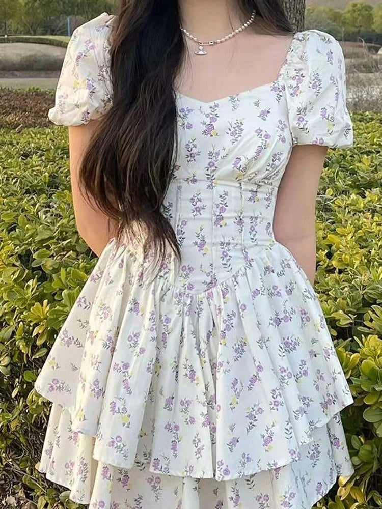 Summer Floral Dress Women Mori Casual Wrap Lavender Flower Print Puff Sleeve Mini Short Dresses Sundress Kawaii Cute