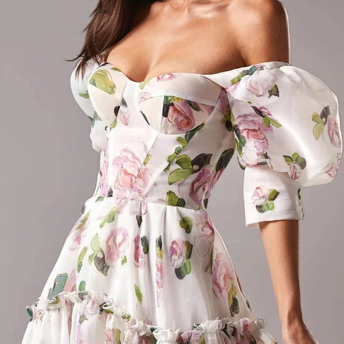 Load image into Gallery viewer, Sexy Floral Dresses For Women Slash Nexk Puff Sleeve Off Shoulder High Waist A Line Folds Printing Dress Female Summer New
