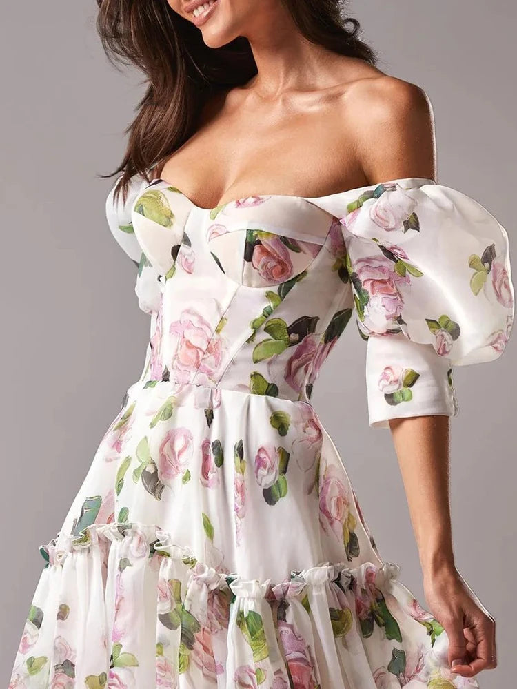 Sexy Floral Dresses For Women Slash Nexk Puff Sleeve Off Shoulder High Waist A Line Folds Printing Dress Female Summer New