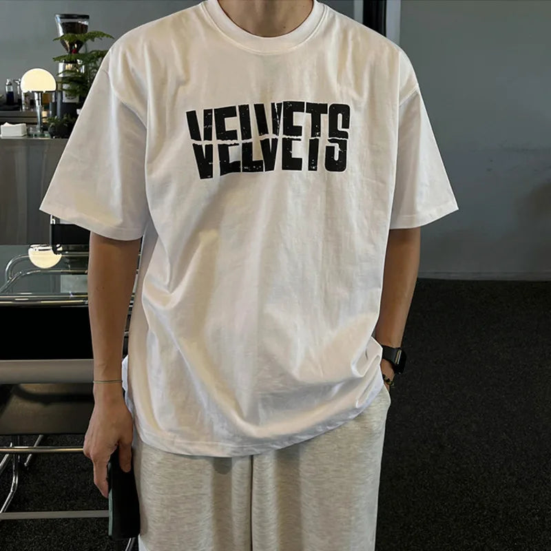 Korean Letter Printed Men's T-shirts Short Sleeve Round Neck Short Sleeve Top New Summer Loose T-shirt Trendy 9W1617