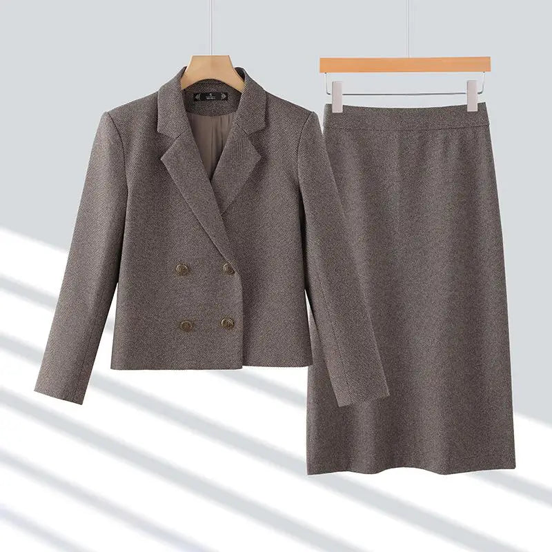2024 Autumn Winter Suit New Women's Clothing Brown Gray Double Breasted Blazer Jacket And High Waist Long Skirt Two Pieces Sets