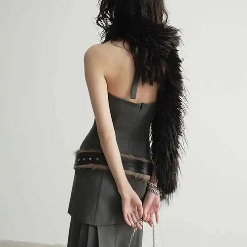 Load image into Gallery viewer, Women Geay Leather Hem Pleated Wool Belt Long Elegant Dress New Halter Sleeveless Fashion Tide Spring Autumn 2025 1DH7227
