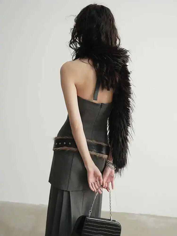 Women Geay Leather Hem Pleated Wool Belt Long Elegant Dress New Halter Sleeveless Fashion Tide Spring Autumn 2025 1DH7227