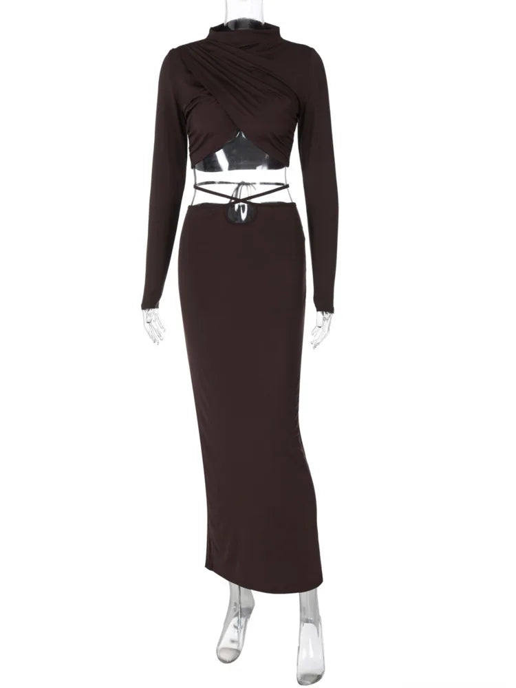 Sexy Skirt Two Pieces Sets For Women Long Sleeve Lace-up Crop Top And Long Skirt Elegant Bodycon Sexy Two Pieces Sets