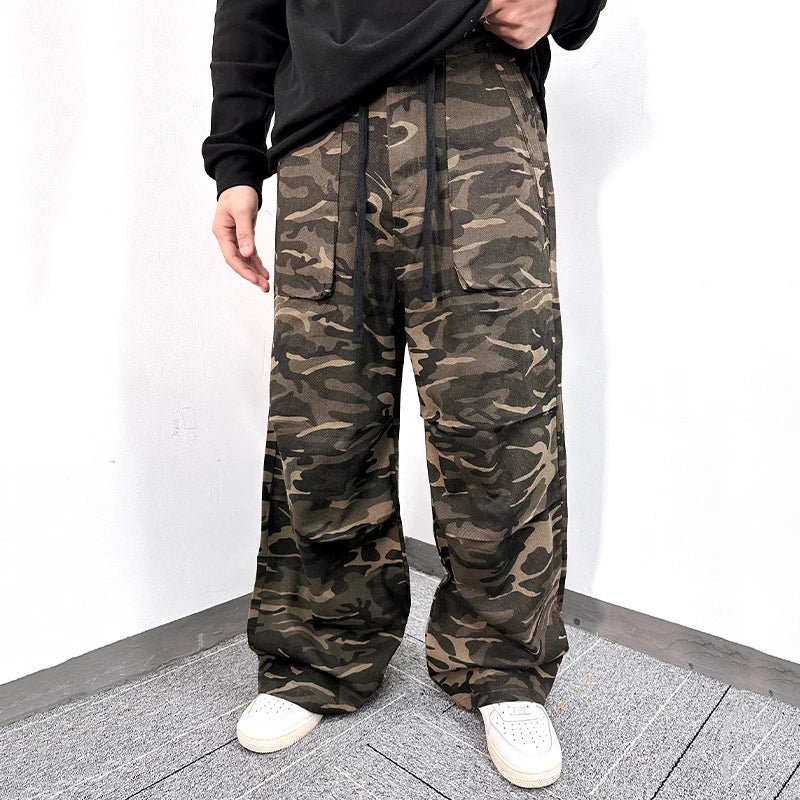 Men's Cargo Pants New American Style High Street  Loose Multi Pockets Trendy Straight Wide Leg Summer Male Trousers 9W1779