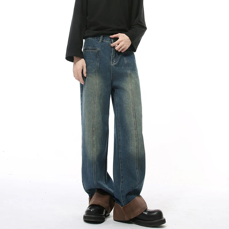 Niche Design Men's Casual Denim Pants Washing Patchwork Deconstruction Contrast Color Straight Wide Leg Male Jeans 9C9337