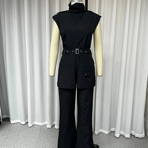 Load image into Gallery viewer, Office Elegant Sets Women Stand Collar Sleeveless Spliced Belt Hollow Out Top High Waist Wide Leg Pant Slim Set Female New
