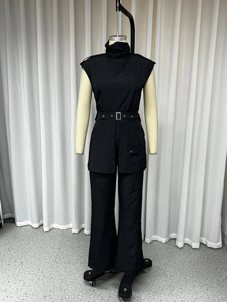 Office Elegant Sets Women Stand Collar Sleeveless Spliced Belt Hollow Out Top High Waist Wide Leg Pant Slim Set Female New