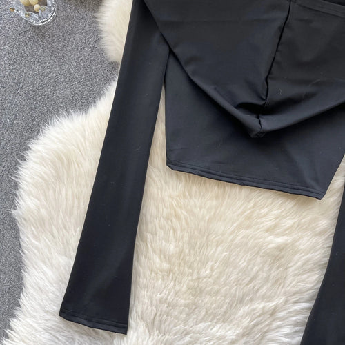 Load image into Gallery viewer, Black Casual Street Style Slim Long Sleeved Ruched Hooded T-shirt Women's Simple Basic Pullover Cropped Tops Fashion Popular New
