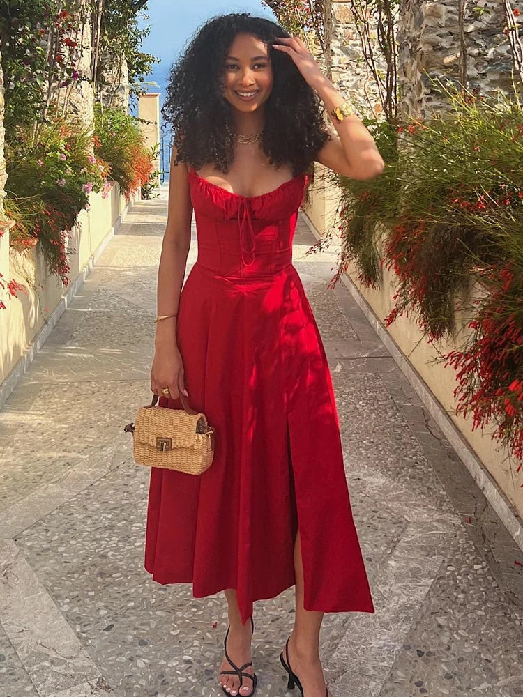 Women's Summer Floral Print Dresses Sweet Elegant Midi Holiday Dress Casual Slit Blue Lace Up Dresses 2023