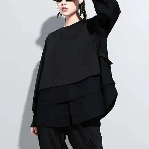 Load image into Gallery viewer, Women Contrast Color Split Joint Big Size T-shirt New Round Neck Long Sleeve  Fashion Tide  Spring Autumn 2025 1DC538
