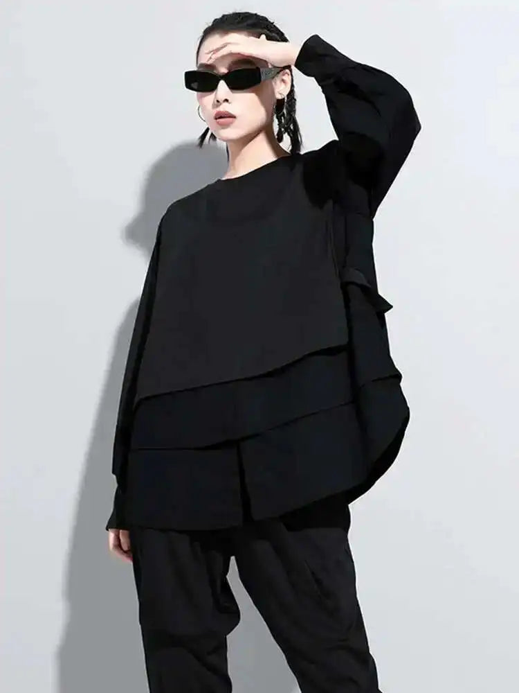 Women Contrast Color Split Joint Big Size T-shirt New Round Neck Long Sleeve  Fashion Tide  Spring Autumn 2025 1DC538