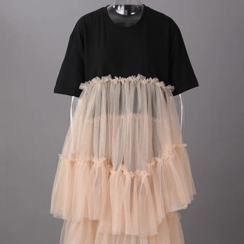 Load image into Gallery viewer, Women Black Mesh Color-block Big Size Knee-Length Dress New Round Neck Short Sleeve Fashion Spring Summer 2025 CPG3040
