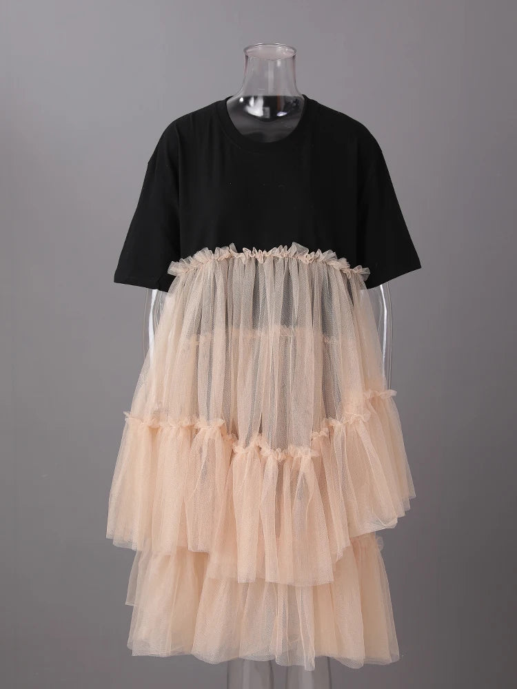 Women Black Mesh Color-block Big Size Knee-Length Dress New Round Neck Short Sleeve Fashion Spring Summer 2025 CPG3040