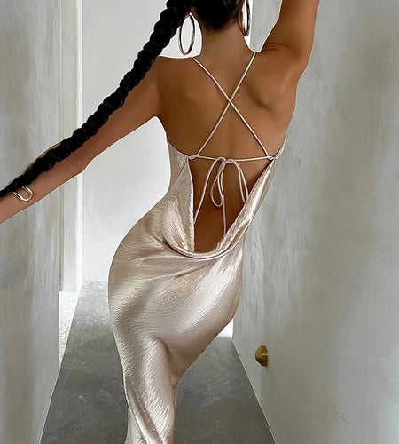 Elegant Satin Backless Maxi Dress For Women Gown Summer Spaghetti Strap Sleeveless Night Club Party Long Dress Vestido