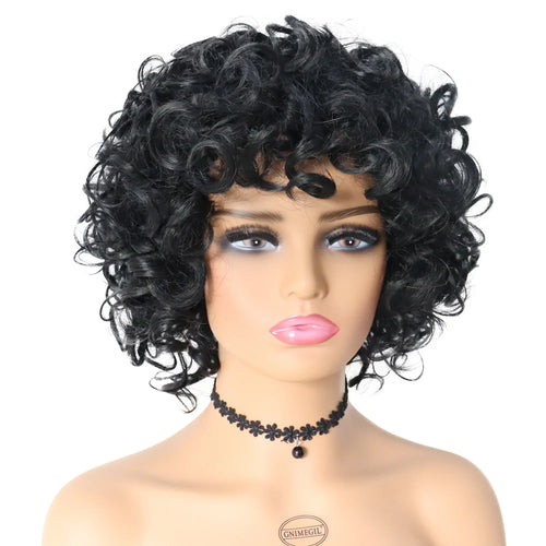 Load image into Gallery viewer, Synthetic Black Curly Afro Wig with Bang for Women Natural Wig Curls Kinky African American Wig Mix Brown Bombshell Wig
