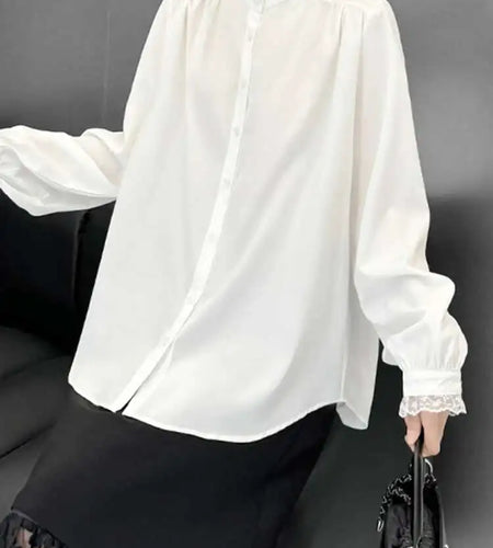 Women White Lace Big Size Elegant Blouse New Stand Collar Long Sleeve Shirt Fashion Tide Spring Autumn 2025 1DH9942