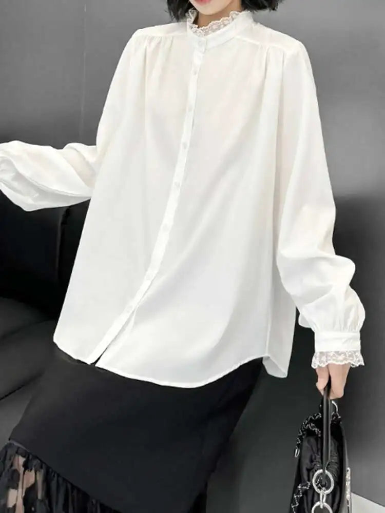 Women White Lace Big Size Elegant Blouse New Stand Collar Long Sleeve Shirt Fashion Tide Spring Autumn 2025 1DH9942