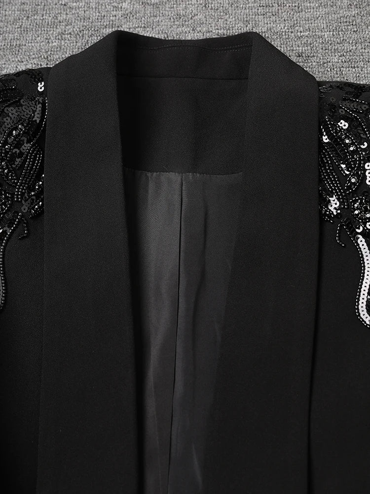 Women Black Sequins Pleated Big Size Elegant Blazer New Lapel Long Sleeve Jacket Fashion Tide Spring Autumn 2025 7AB6225