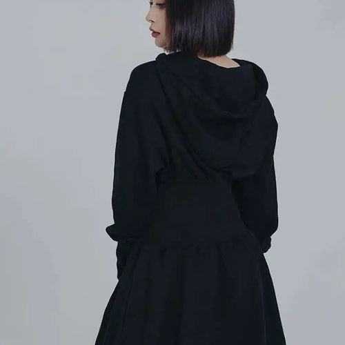 Load image into Gallery viewer, Women Black Big Size Elasitc Waist Mini Dress New Hooded Long Sleeve Loose Fit Fashion Tide Spring Autumn 2025 1DF0709
