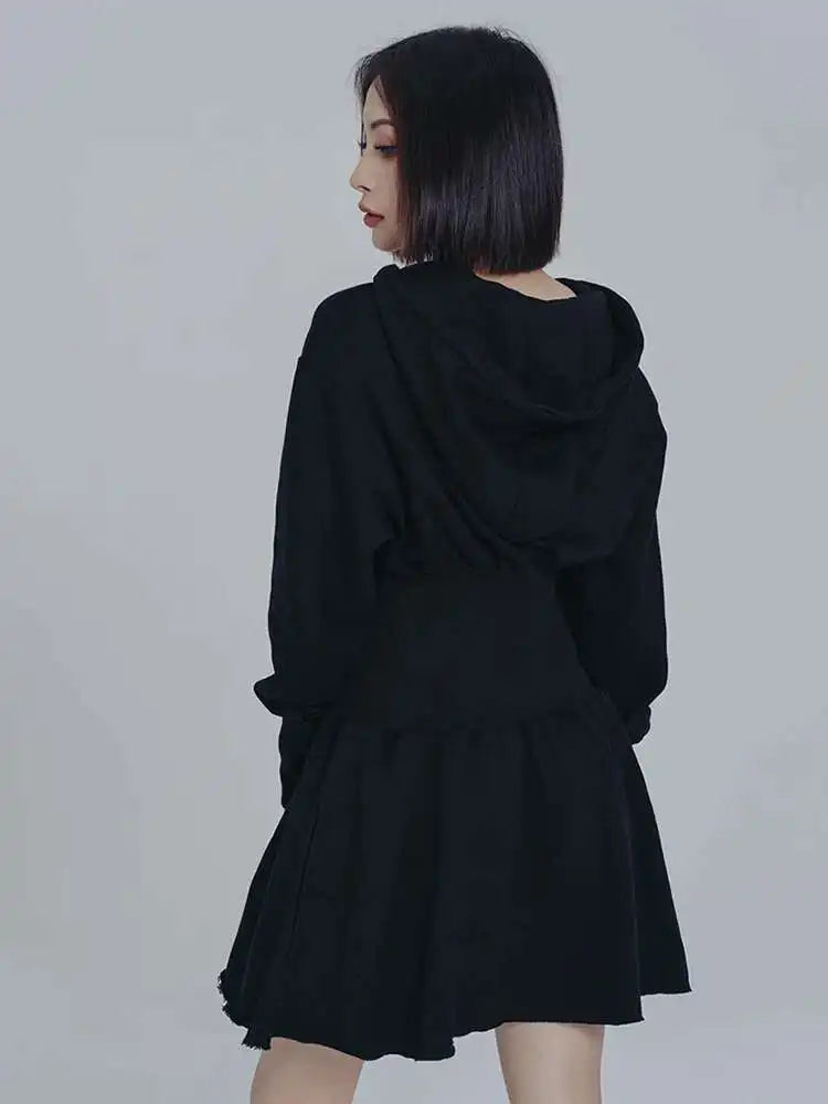 Women Black Big Size Elasitc Waist Mini Dress New Hooded Long Sleeve Loose Fit Fashion Tide Spring Autumn 2025 1DF0709