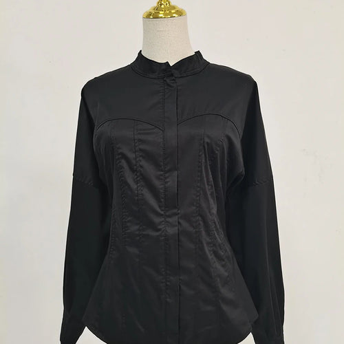 Load image into Gallery viewer, Solid Slimming Spliced Button Fashion Shirts for Women Round Neck Long Sleeves Tunic Patchwork Lace Up Shirt Female
