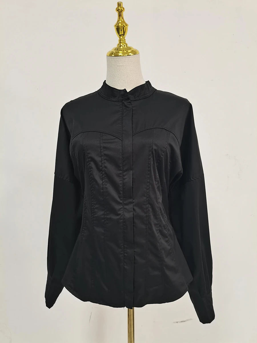 Solid Slimming Spliced Button Fashion Shirts for Women Round Neck Long Sleeves Tunic Patchwork Lace Up Shirt Female