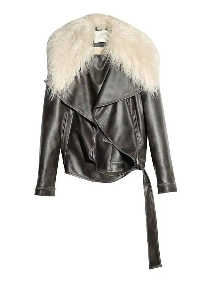 Black Thick Big Size Vintage PU Leather Jacket New Fur Collar Long Sleeve Women Coat Fashion Spring Autumn 2025 1DH8266