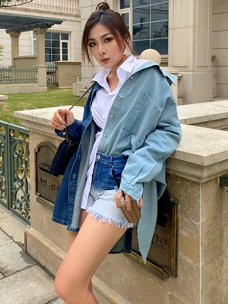 Casual Women's Denim Shirt Top Lapel Long Sleeve Colorblock Loose Blouses Korean Fashion Clothing Women Style