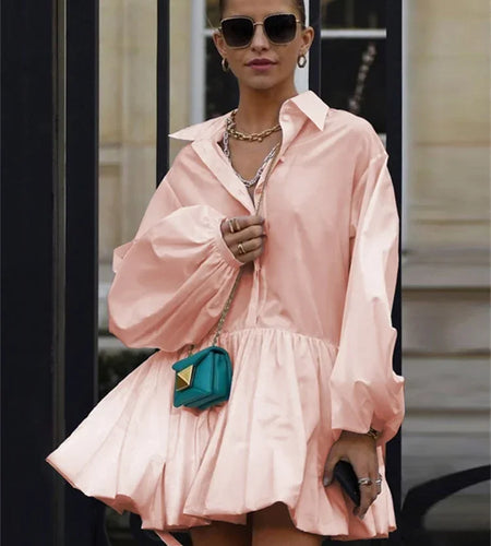 Fashion Pink Lapel Shirts Dress For Women Long Puff Sleeves Pleated American Retro Mini Dresses Office Lady