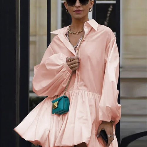 Load image into Gallery viewer, Fashion Pink Lapel Shirts Dress For Women Long Puff Sleeves Pleated American Retro Mini Dresses Office Lady
