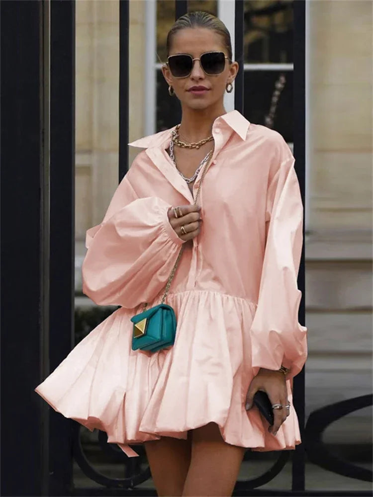 Fashion Pink Lapel Shirts Dress For Women Long Puff Sleeves Pleated American Retro Mini Dresses Office Lady