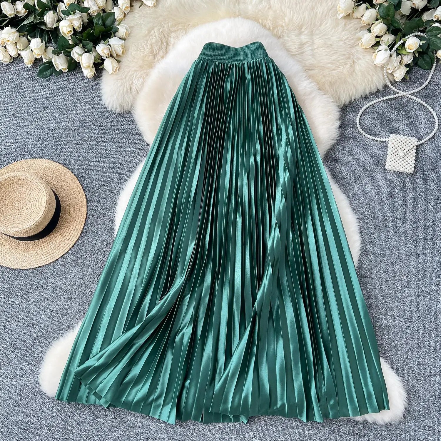French Retro Women Fashion Solid Elegant Long Skirt Autumn Winter Elastic High Waist Popular Pleated Skirt Simplicity Streetwear