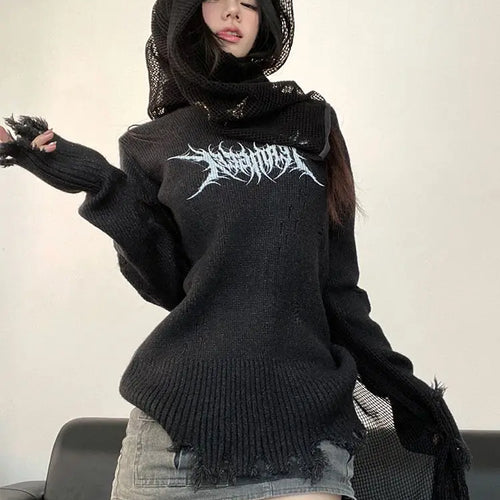 Load image into Gallery viewer, Harajuku Vintage Grunge Printing Sweaters Women Y2k Aesthetic Turtleneck Hole Jumpers 2025 Streetwear Casual Gothic Pullovers
