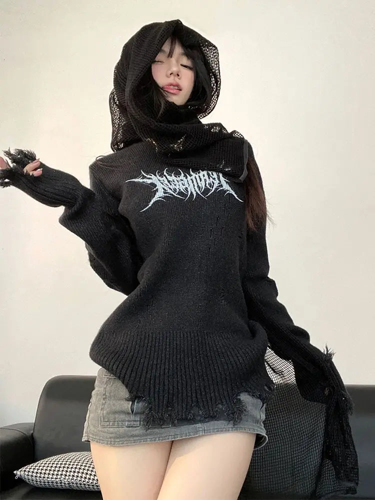 Harajuku Vintage Grunge Printing Sweaters Women Y2k Aesthetic Turtleneck Hole Jumpers 2025 Streetwear Casual Gothic Pullovers
