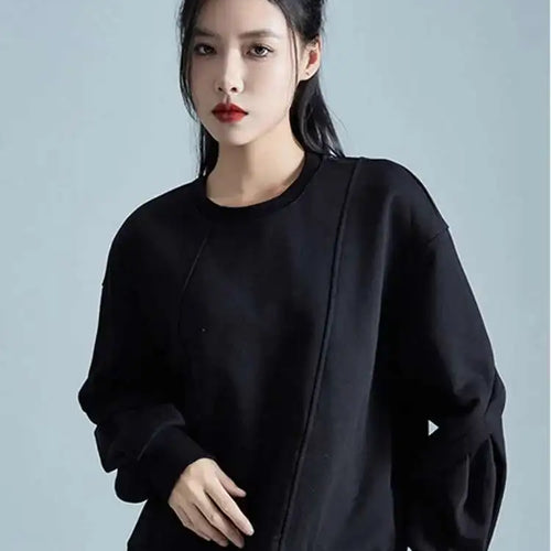 Load image into Gallery viewer, Loose Fit Black Irregular Sweatshirt New Round Neck Long Sleeve Women Big Size Fashion Tide Spring Autumn 2025 1DH1988

