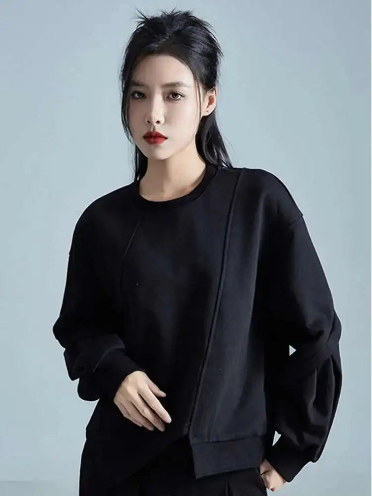 Loose Fit Black Irregular Sweatshirt New Round Neck Long Sleeve Women Big Size Fashion Tide Spring Autumn 2025 1DH1988