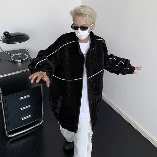 Load image into Gallery viewer, American Style Men&#39;s Jackets Loose Stand Collar Vertical Stripe Contrast Color Tops Zippers Casual Male Coat Trendy 9C6596
