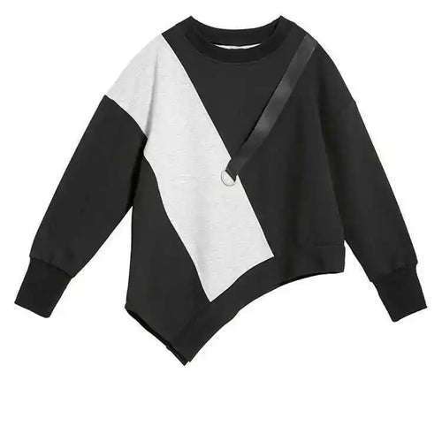 Load image into Gallery viewer, Women Gray Asymmetric Color-block Big Size Casual T-shirt New Round Neck Long Sleeve Fashion Spring Autumn 2025 1DF4759
