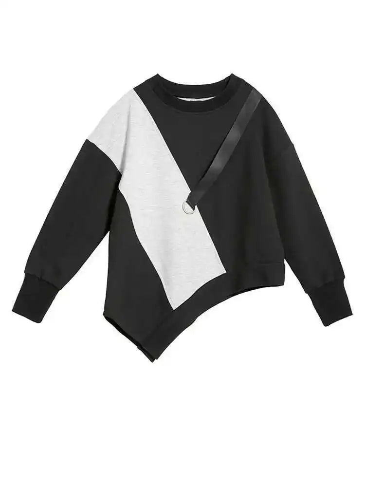 Women Gray Asymmetric Color-block Big Size Casual T-shirt New Round Neck Long Sleeve Fashion Spring Autumn 2025 1DF4759